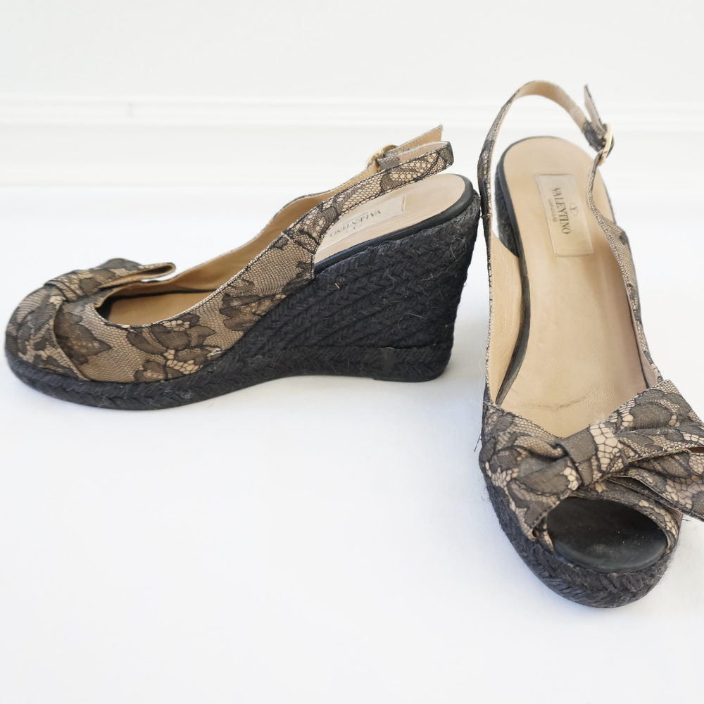 Valentino Black Lace Wedge Espadrilles